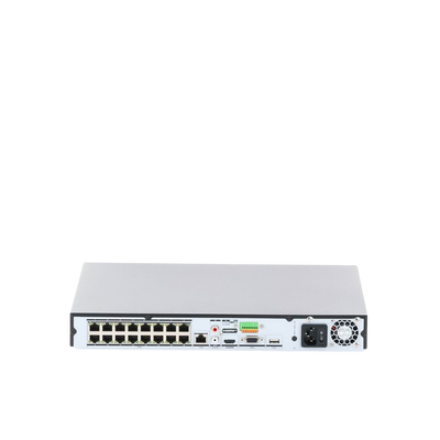 NVR 12 Megapixel (4K) / 16 Canales IP / 16 Puertos PoE+ / Reconocimiento Facial / AcuSense (Evita Falsas Alarmas) / 2 Bahías de Disco Duro / Switch PoE 300 mts / HDMI en 4K / Alarmas I/O / 300 Metros PoE Modo Extendido