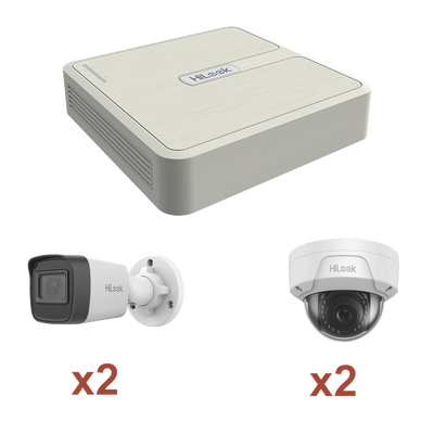 Kit IP 1080p (2 Megapixel) / NVR de 4 Canales con 4 Puertos PoE / 2 Cámaras IP Bala para Exterior con microfono y Dual light / 2 Cámaras IP Domo para Exterior